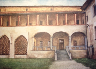 L'ingresso meridionale e il loggiato - acquerello di Antonio Codegoni